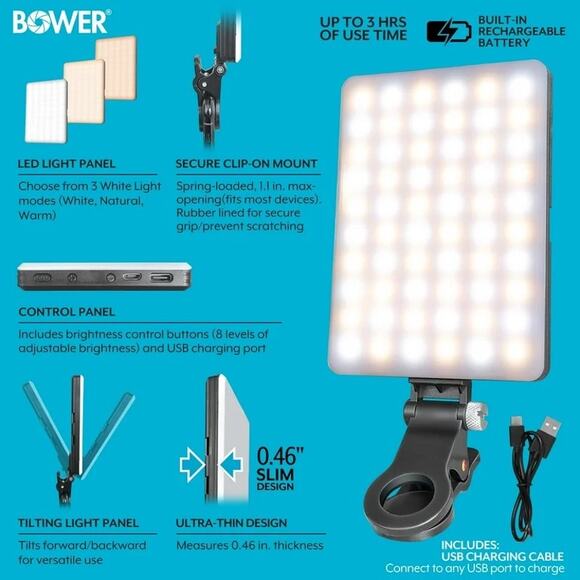 💡 NWT Clip On Light USB-C Micro USB Selfie Remote Work Streaming Phone Black - Picture 6 of 7